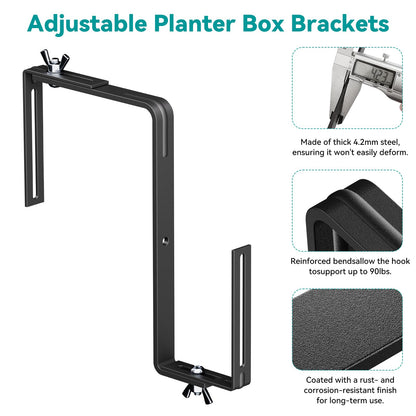 NBPUJ Adjustable Planter Box Brackets,Enhanced Bottom Support,Universal Outdoor Hanging Brackets,Flower Box Brackets for Fence Railings, Windowsill, Patio, Garden,Balcony. (Black)