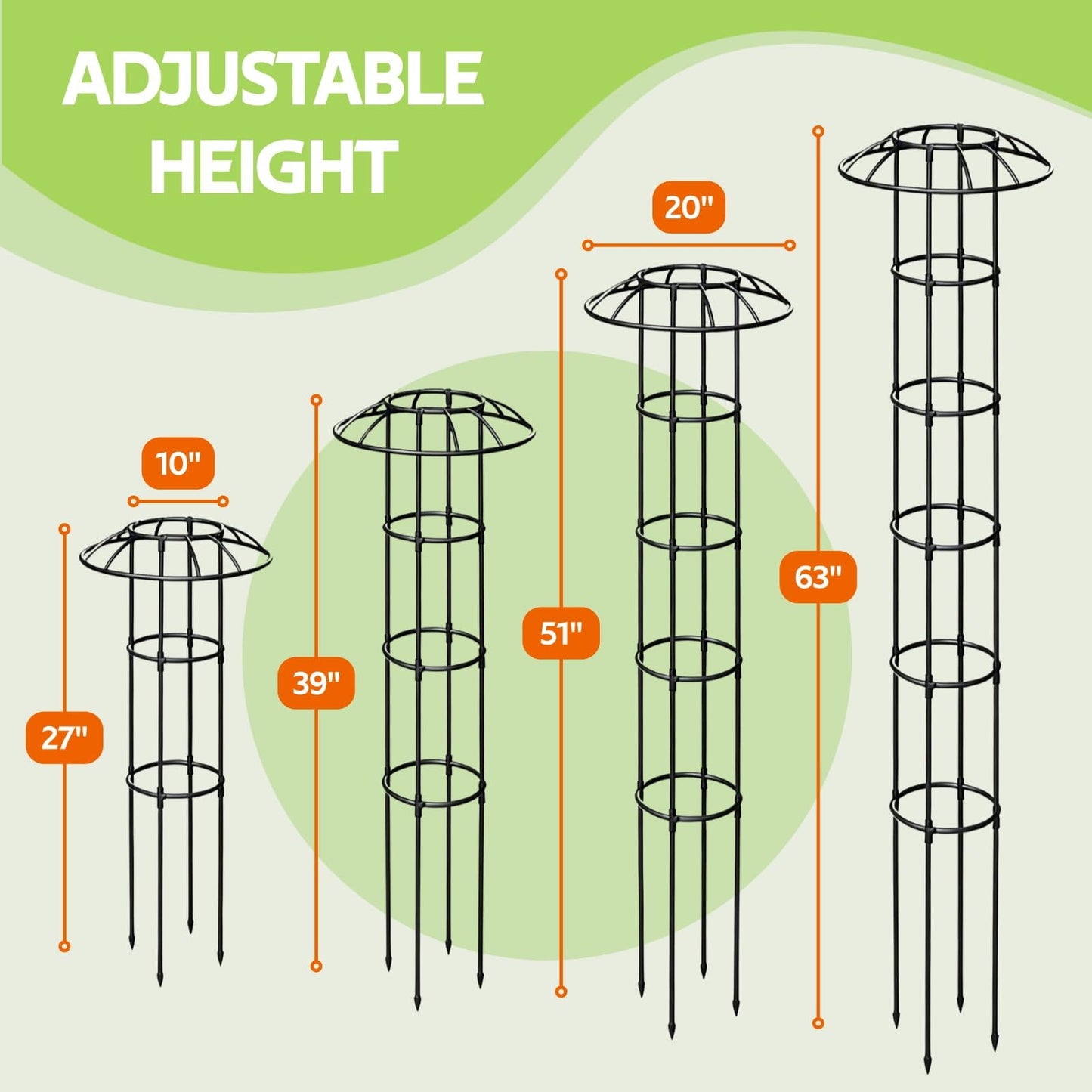 Jesosia Garden Trellis for Climbing Plants Outdoor - Unique Umbrella Top Round Trellis for Indoor Potted Plant - 64" Tall Rustproof PE Coated Metal Pipe Obelisk Support Ivy Vine Rose Grape Vegetable