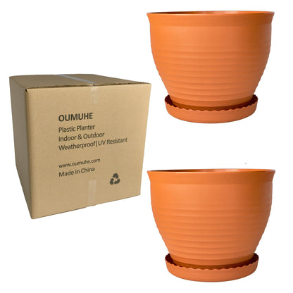 OUMUHE 13.8 Inch Round Plastic Planters Urns with Drainage and Saucers, Set of 2, Large Flower Pots for Indoor Outdoor Plants, Available in Terracotta & White (Terracotta)