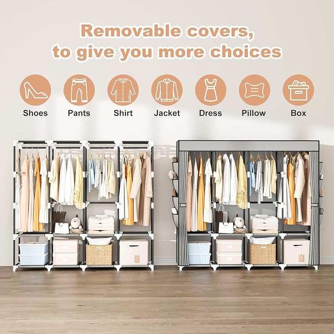 Portable Closet for Hanging Clothes, 67 Inch Wide Portable Wardrobe Closet with Cover, 4 Hanging Rod, Storage Shelves and Side Pockets, Large Free Standing Closet for Bedroom, Grey