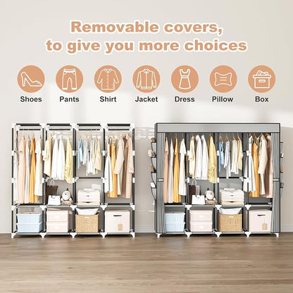 Portable Closet for Hanging Clothes, 67 Inch Wide Portable Wardrobe Closet with Cover, 4 Hanging Rod, Storage Shelves and Side Pockets, Large Free Standing Closet for Bedroom, Grey