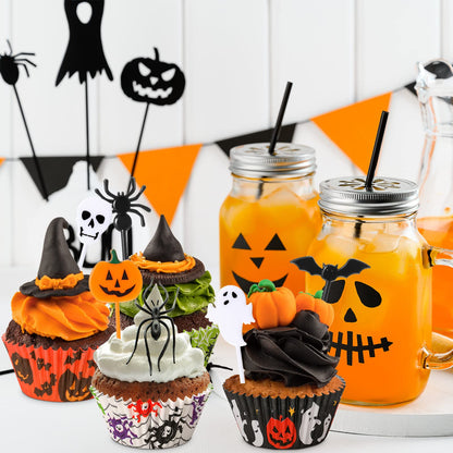 Cunhill 150 Pieces Halloween Picks Set 50 Plastic Cupcake Topper Pumpkin Bat Ghost Toothpicks with 100 Paper Cupcake Liners Muffin Wrappers Baking Cups for Birthday Halloween Party Supplies