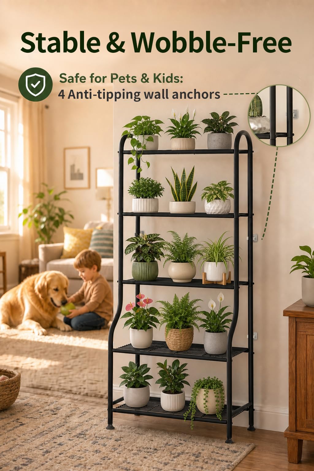 Yutrchey 5-Tier Metal Plant Stand - Heavy Duty Indoor Outdoor Flower Shelf for Multiple Pots, 65" Tall Vertical Holder with Adjustable Leveling Feet & Wall-Fixing Kits, Black