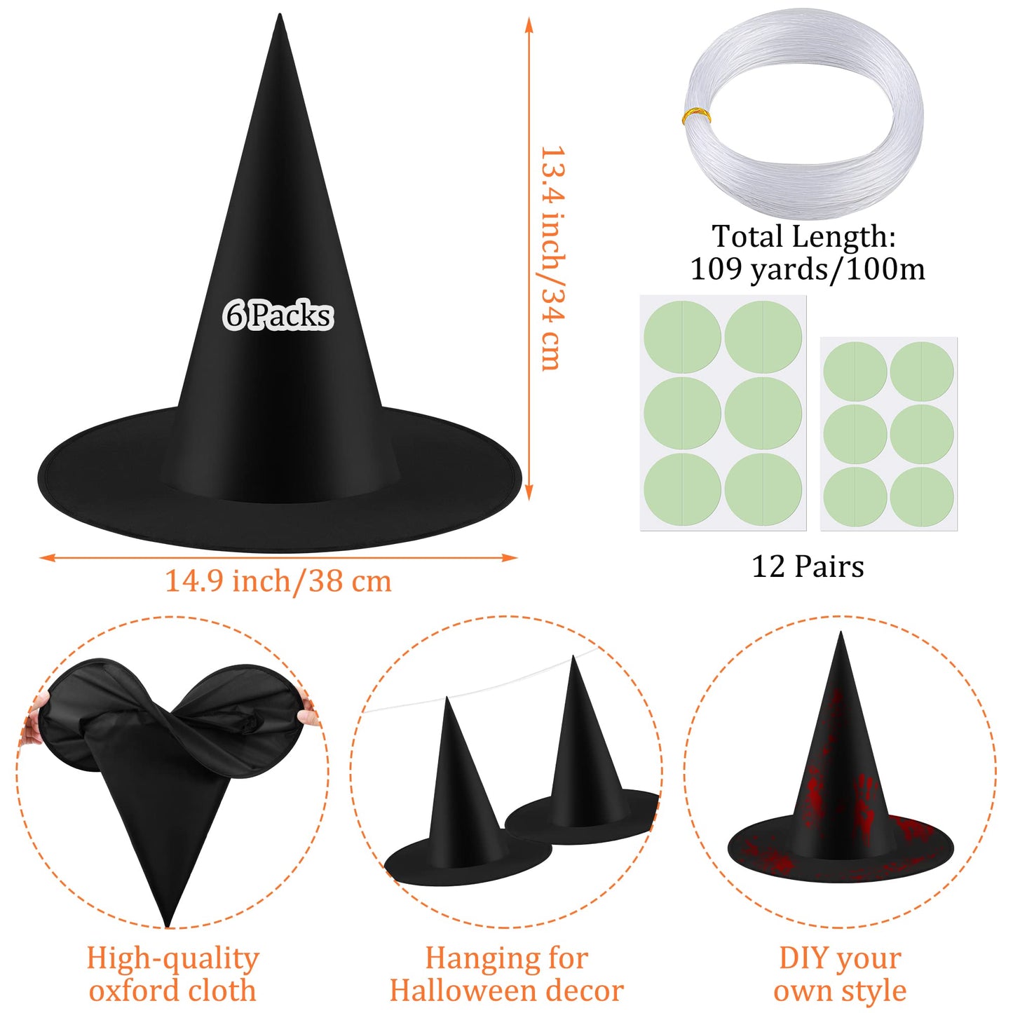 Fovths 12 Pieces Halloween Hanging Decoration With Glow Eyes - 6 Pack Black Witch Hat for Garden Yard Lawn Scary Decor Outside
