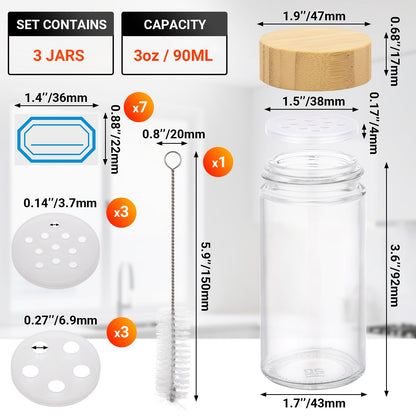 Segarty 3oz Round Spice Containers with Bamboo Shaker Lids, 3 PCS 90ml Spices Jars, Empty Glass Seasonings Organizers for Condiment Herb Storage, Small Salt and Pepper Shakers with 7 Stickers, 1 Brush