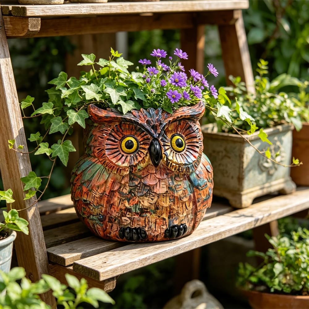 Owl Planter, Owl Plant Pot, Bird Figurine Flower Pots with Drainage for Succulent Cactus Small Herbs, Unique Makeup Brush Holder, Farmhouse Animal Statue for Home Office Decor, Garden Gifts for Women