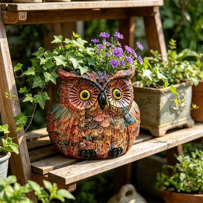 Owl Planter, Owl Plant Pot, Bird Figurine Flower Pots with Drainage for Succulent Cactus Small Herbs, Unique Makeup Brush Holder, Farmhouse Animal Statue for Home Office Decor, Garden Gifts for Women