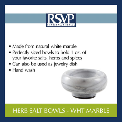 RSVP International Herb & Salt Containers for Countertop Polished Marble Dish/Bowl, 2.75" Diameter x 1.5", Natural White