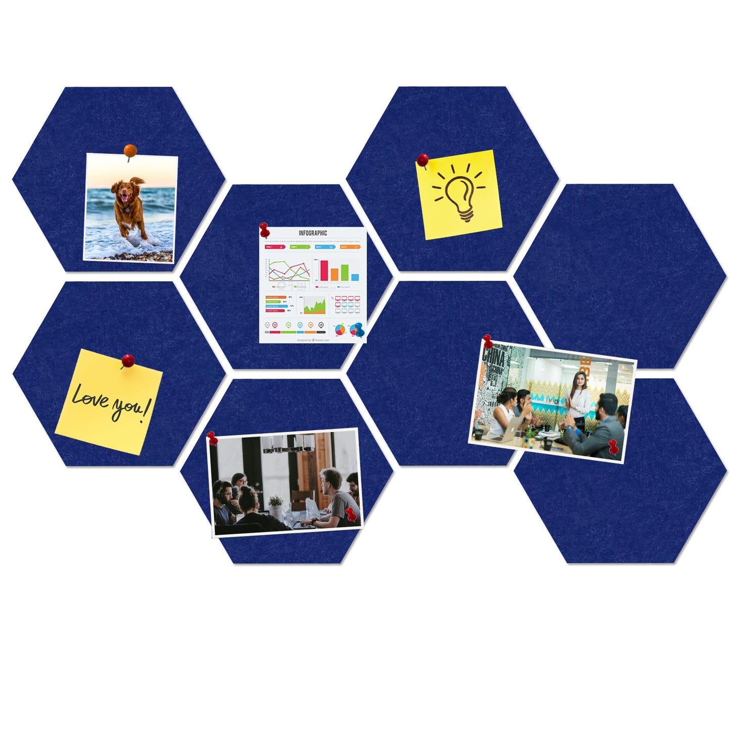 HULAVO Large Hexagon Felt Cork Board Tiles, Self Adhesive DIY Felt Bulletin Board Pin Board with 35 Pushpins for Office School Home Wall Decor Stickers Memos Photos Display(Dark Blue)