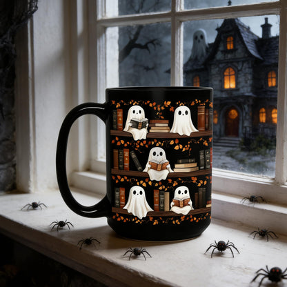 BORULEEY Halloween Cute Ghost Reading Coffee Mug, 15 oz Black Ceramic Tea Cup, Spooky Book Mug for Book Lovers & Readers, Novelty Fun Festive Bookish Gift for Women, Friends & Coworkers