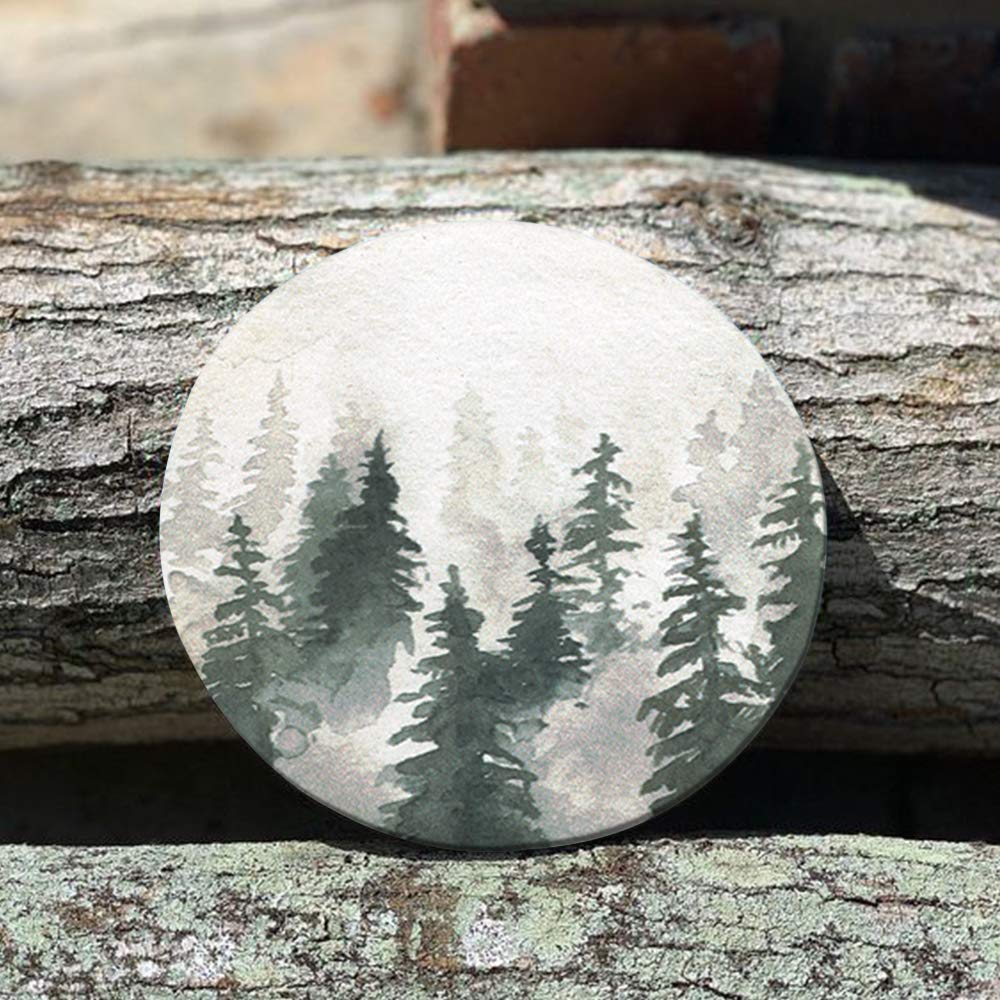 Lahome Forest Pattern Coasters - Round Drinks Absorbent Stone Coaster Set with Ceramic Stone and Cork Base for Kinds of Mugs and Cups (Forest, 4)