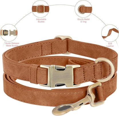 Genuine Leather Dog Collar - Adjustable Pet Collar with Quick Release Metal Buckle, Soft Skin Friendly Real Leather Collar for Small, Medium, Large Dogs (Khaki Collar + Rope, S：Fit 8-16" Neck)