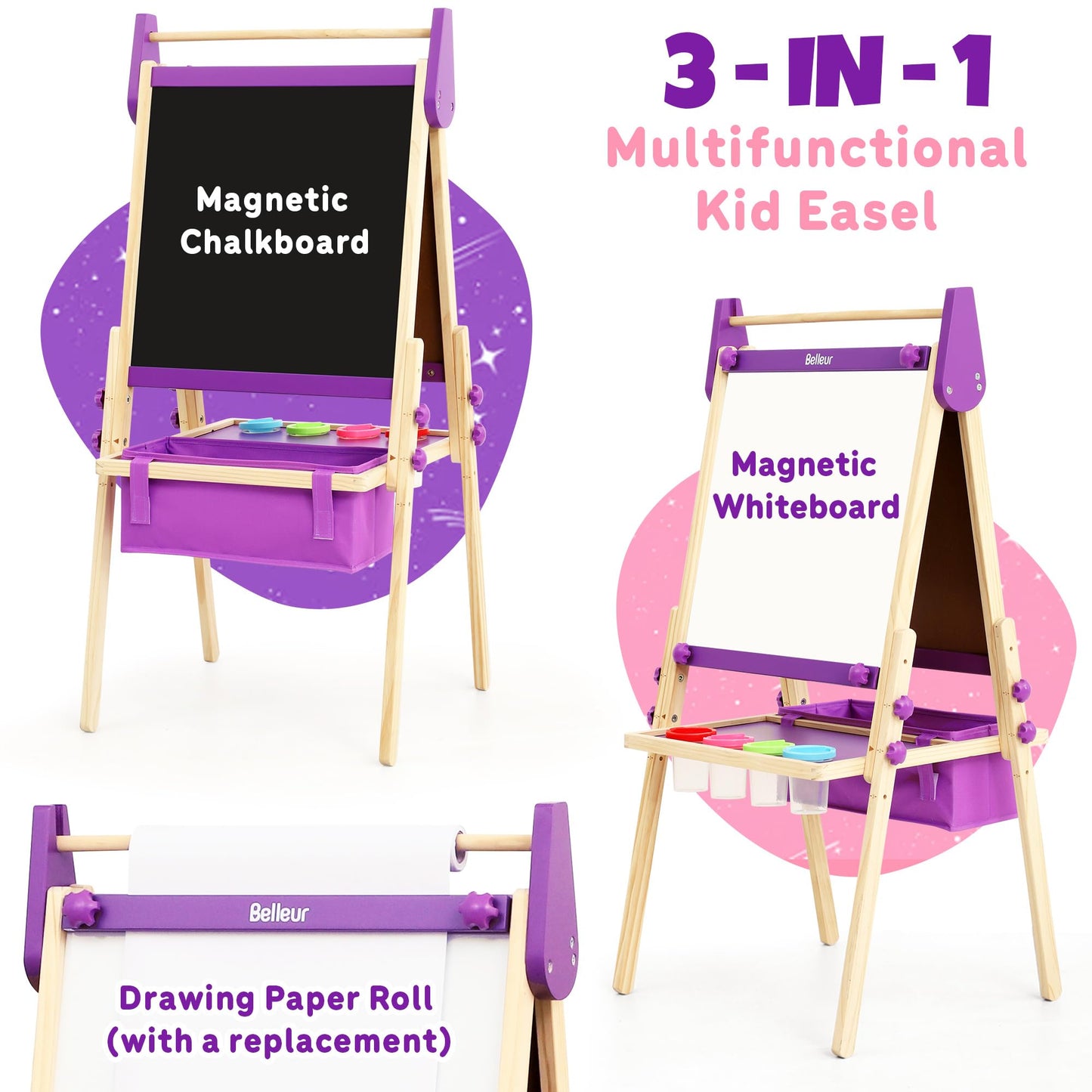 Belleur All-in-One Art Easel for Kids, Adjustable Double Sided Easel for Toddlers with Magnetic Whiteboard & Dry-Erase Chalk Board & Paper Roll, Child Painting Easel for Kid 2-8 Birthday Gift-Purple