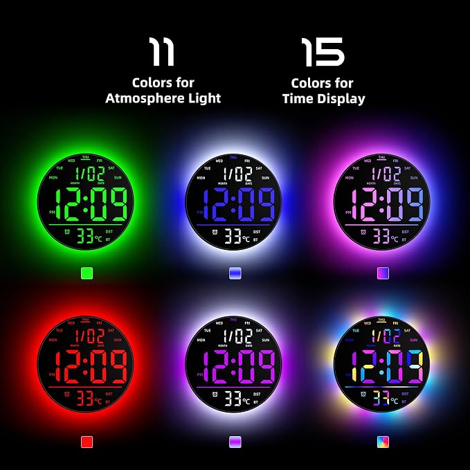 EASYERA 10" Large Digital Wall Clock with Remote Control, Music Sync RGB Atmosphere Light, Low-Reflectivity, Temperature, LED Display, Dual Alarms, BT Sync, Auto DST for Bedroom and Classroom