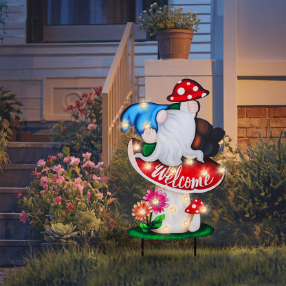 WONDER GARDEN Decorative Garden Stakes - Lighted Mushroom and Gnome Yard Sign Stakes with Flower, Spring Signs for Outdoor, Porch, Yard,Flower Bed Decor