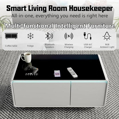 Smart Coffee Table with Fridge and Bluetooth, Smart Living Room Table with Frozen Drawers, Dual Speakers, 15W Wireless Charger, Touch Control, USB Ports, Atmosphere Light, LT90 Ultra-White