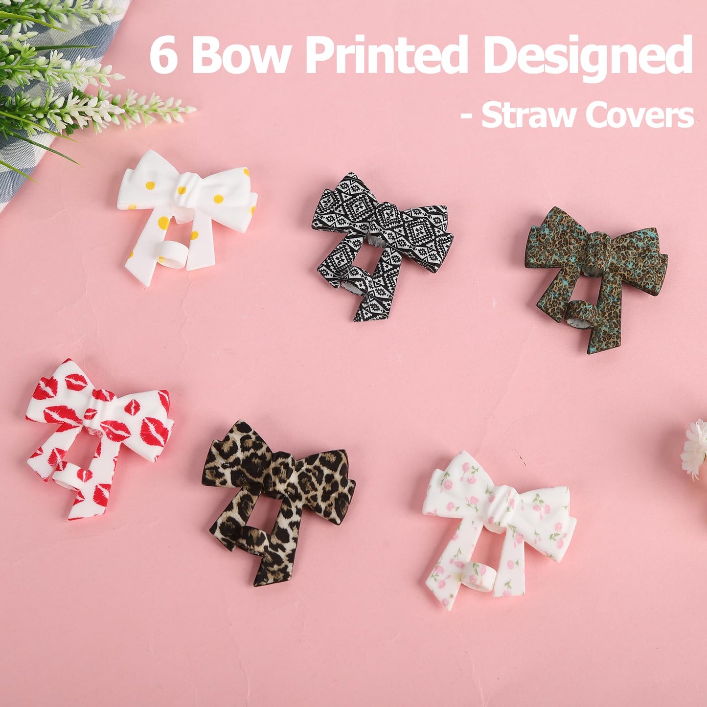 6 Pack Printed Bow Straw Toppers, Silicone 10mm/0.4In Reusable Dust-Proof Straw Cover Caps for Stanley Cup 30&40oz, Tumblers Accessories Gift (6 Colors)