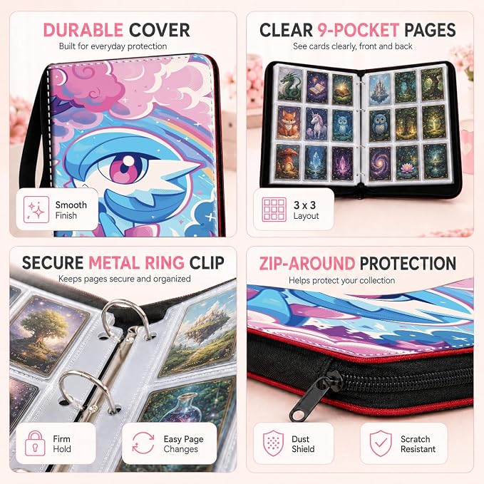 1008 Cute Card Binder 9 Pocket, 3-Ring Trading Card Binder with 56 Page Removable Sleeves, High Storage Waterproof Trading Card Holder Collection Card Album Organizer Case for TCG Cards - Blue