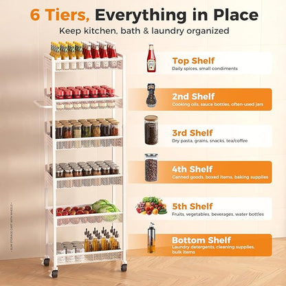 6 Tier Slim Storage Cart with Wheels, 10" D Rolling Storage Cart for Small Space, Metal Narrow Spice Cabinet Mobile Shelving Unit Organizer with Handle for Kitchen, Laundry - White