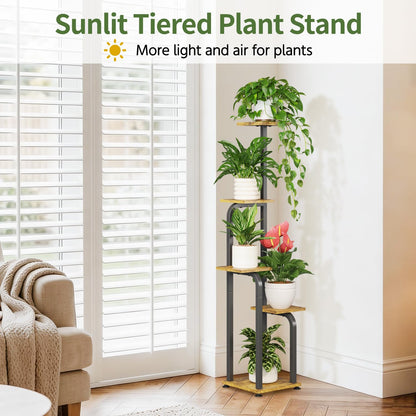 LASZOLA 5 Tiered Plant Stand Tall for Indoor Corner, Modern Multiple Flower Display Rack with Wooden Tray, Vertical Planter Shelf for Living Room Bedroom Patio Garden Balcony, Black