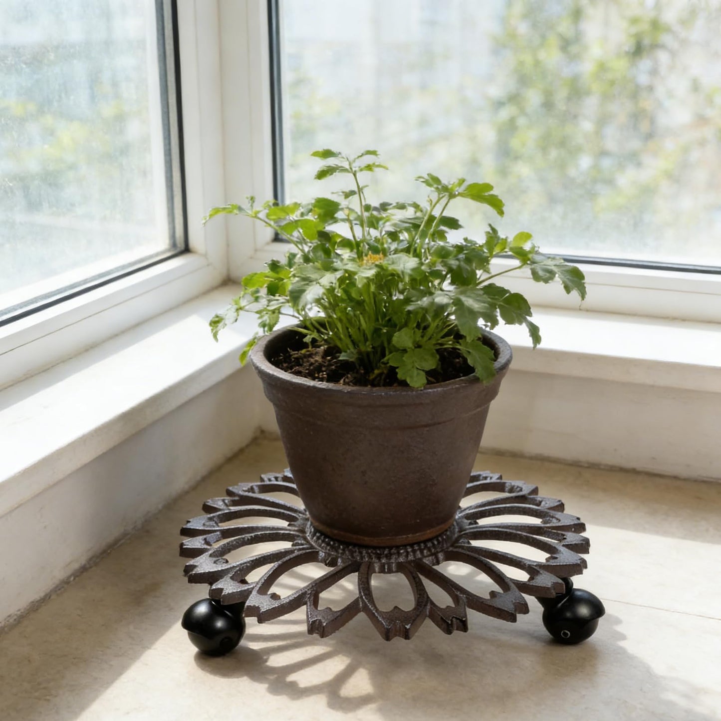2 Pack Heavy-Duty Cast Iron Plant Caddy - 12" Rust Brown Ornamental Cast Iron Plant Stand with Wheels, Petal-Design Moveable Planter Holder for Indoor Outdoor Garden Patio Decor HC1511