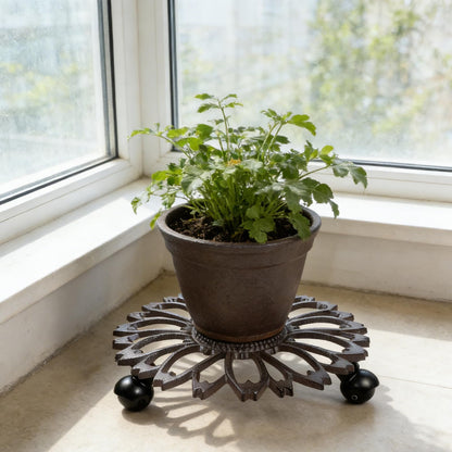 2 Pack Heavy-Duty Cast Iron Plant Caddy - 12" Rust Brown Ornamental Cast Iron Plant Stand with Wheels, Petal-Design Moveable Planter Holder for Indoor Outdoor Garden Patio Decor HC1511