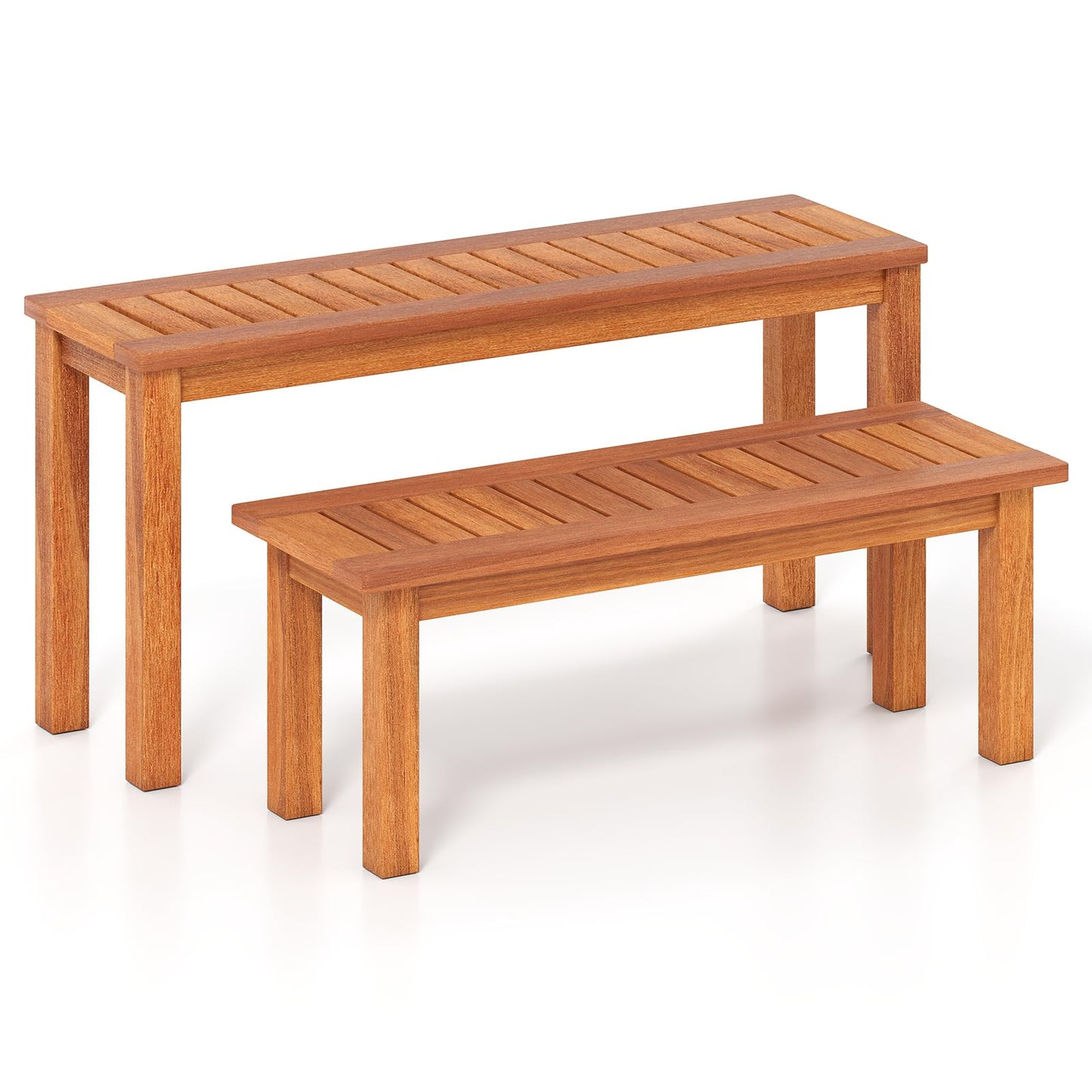 HOMGX Wooden Plant Stand Set of 2, Multifunctional Outdoor Backless Garden Bench with Slatted Seat, Easy Assembly, Rustic Flower Display Shelf for Yard, Entryway, Max Load 330 lbs, Natural