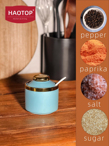 HAOTOP 8 oz Sugar Bowl with Lid and Spoon, Simple Ceramic Sugar Jar Sugar Dispenser Sugar Container Coffee Bar Accessories, Modern Kitchen Countertop Canisters, Turquoise