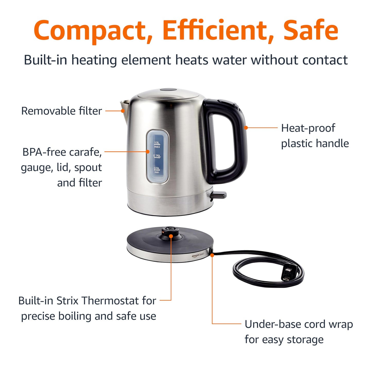 Amazon Basics Electric Stainless Steel Kettle for Tea and Coffee, BPA-Free, Fast Boiling, Auto Shut-Off, 1.1 Quarts, 1500W, Black and Silver