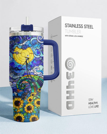 34HD Nightmare Skeleton Tumbler Starry Night Sunflower 40oz Tumbler Insulated Stainless Steel Gothic Art Coffee Cup Gifts for Movie Fans