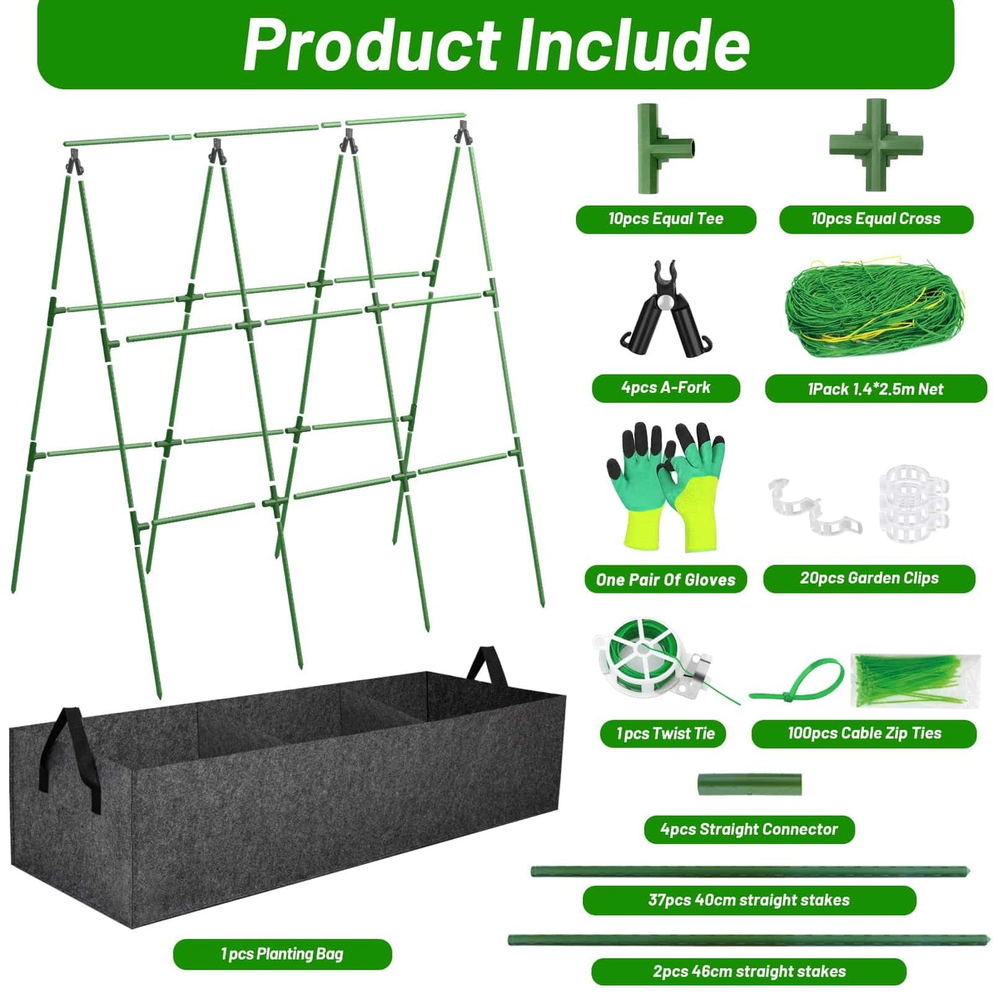 Cucumber Trellis with 46 Gallon Grows Bag, 50 x 54 Inches A Frame Outdoor Greenhouse Trellis and Fabric Raised Bed, Climbing Net and Plant Support Clips for Bean Climbing Plants