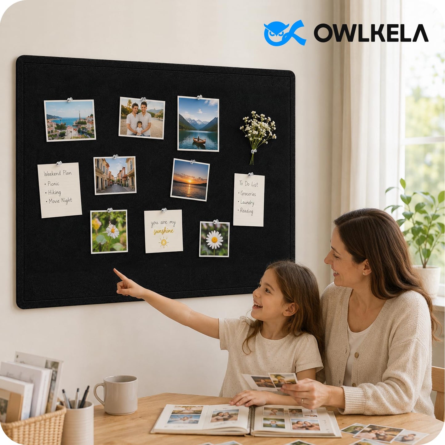 OWLKELA 36 x 24 inch Felt Bulletin Board, Self-Adhesive Pin Board with 20 Pushpins, Cork Board Alternative for Office Home School, Black