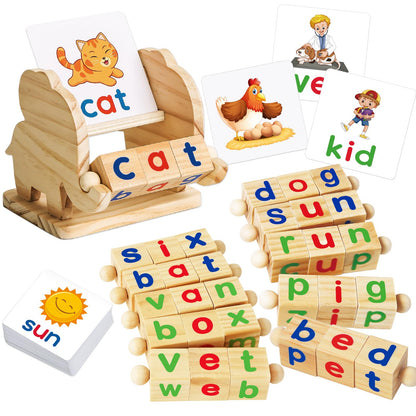ShyLizard Montessori Learning and Educational Toys Gifts for Kids 3 4 5 Years, Wooden Reading Blocks Toys, Learning Activities for Preschool Kindergarten, Turning Rotating Matching Flash Card Games