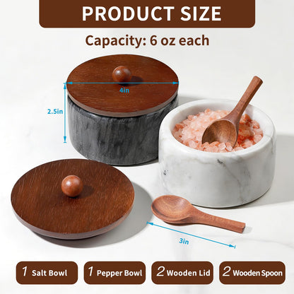 MINCORD Marble Salt and Pepper Bowls Set with Lids and Spoons – Natural Stone Salt Cellar & Pinch Pots for Kitchen Counter – Modern Spice Keeper Container for Gourmet Sea Salt, Kosher & Finishing Salt