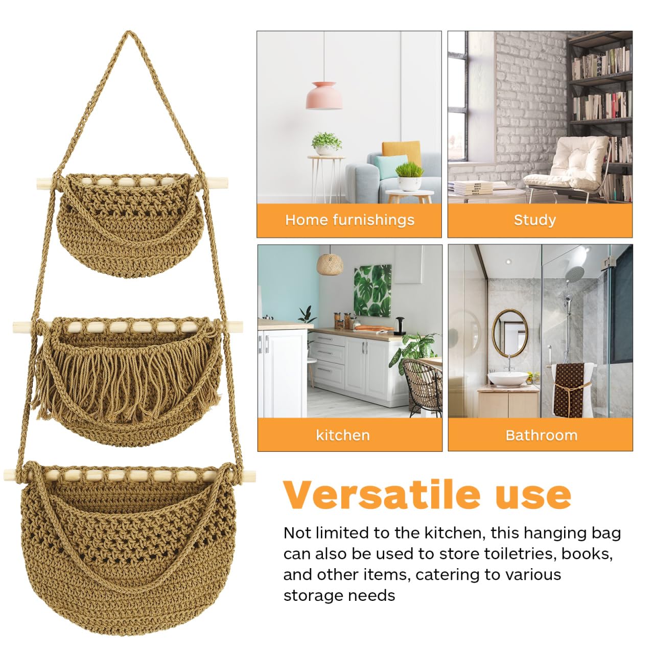 Cabilock 3 Tier Hanging Fruit Basket for Kitchen - Boho Macrame Woven Wall Storage for Onion and Potato, Space-Saving Cotton Rope Produce Organizer for Pantry & Bathroom