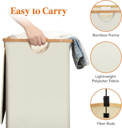 Lifewit 150L Double Laundry Hamper with Lid, Large Laundry Basket with Removable Bag & Bamboo Handles, Fodable Tall Dirty Clothes Hamper for Laundry Collapsible Bin for Bathroom Bedroom Dorm, Beige