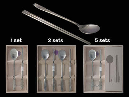 BALWOO [1 Set] [Made in Korea] Orchid Design Korean Style Sticky Rice Spoon Chopsticks Set Silverware Set 304 Stainless Steel Cutlery Set Soup Spoon Ramen Chopsticks Flatware (1 Set)