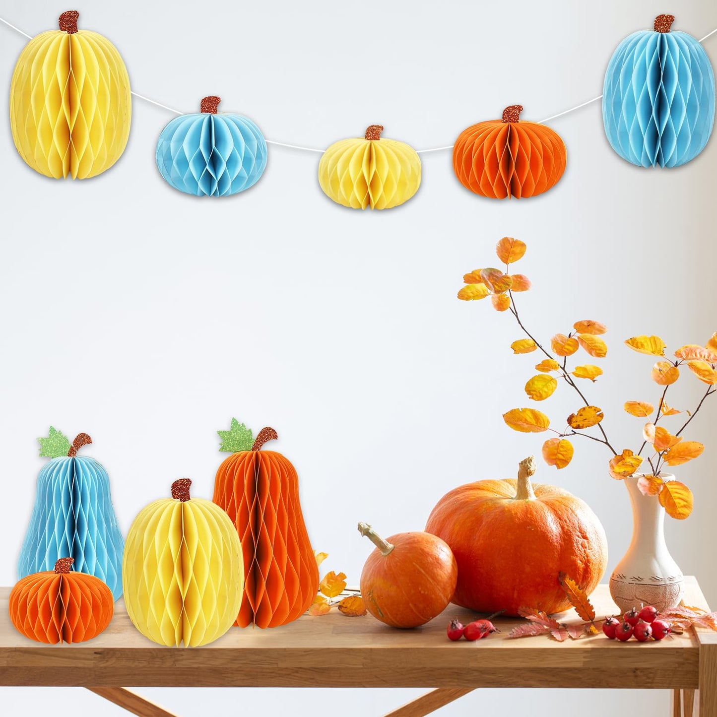 JarThenaAMCS 8Pcs Fall Pumpkin Honeycomb Centerpieces Beige Orange Blue Glitter Paper Honeycomb Ball Ornaments for Autumn Harvest Thanksgiving Party Home Table Decor