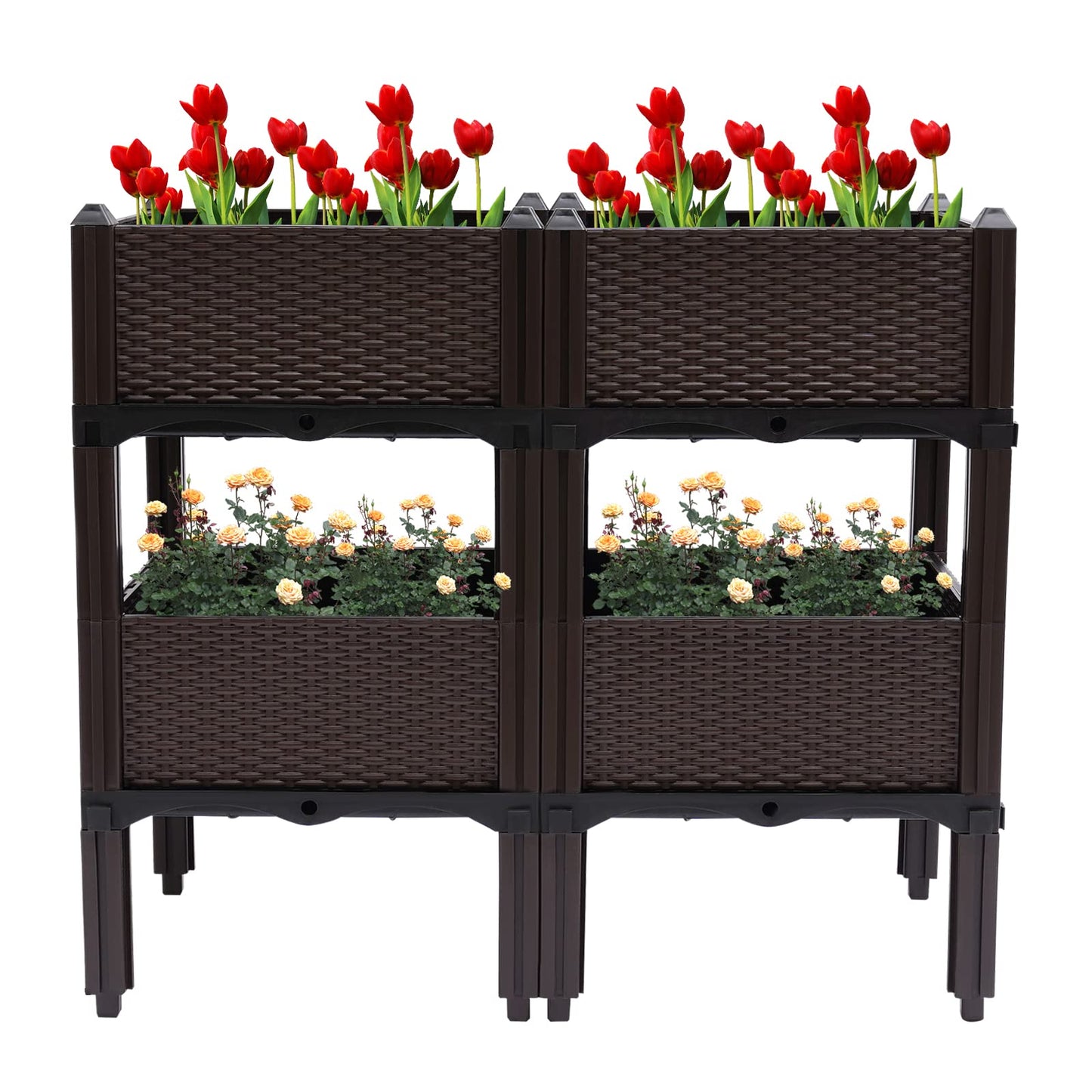 DYRABREST Set of 4 Raised Garden Bed Self-Watering Plastic Planter Box Stand with Legs, Sun and Frost Resistant Planter Outdoor Vegetable Growing Bed for Flower Herb Backyard, Patio, Balcony
