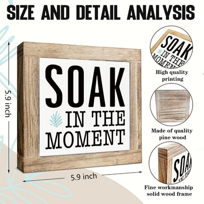 Bath Decoration, Soak in the Moment Sign, Relaxing Bathroom Decor, Decorative Wooden Block Plaque Sign, Farmhouse Home Decors, Desk Decor Art, Housewarming Gift, 5.9X5.9X0.7inches