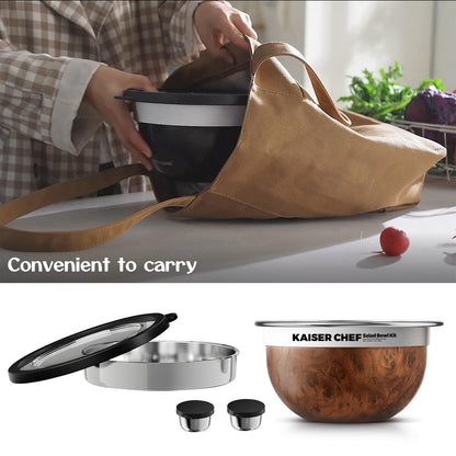 Kaiser chef Salad Bowl Kit 74oz,Salad Container For Lunch,18/8 Stainless Steel,Salad Bowl With Lid, Includes 1.7oz Condiment Container and Removable Tray,Leak-Proof, Easy to Clean (Wood)