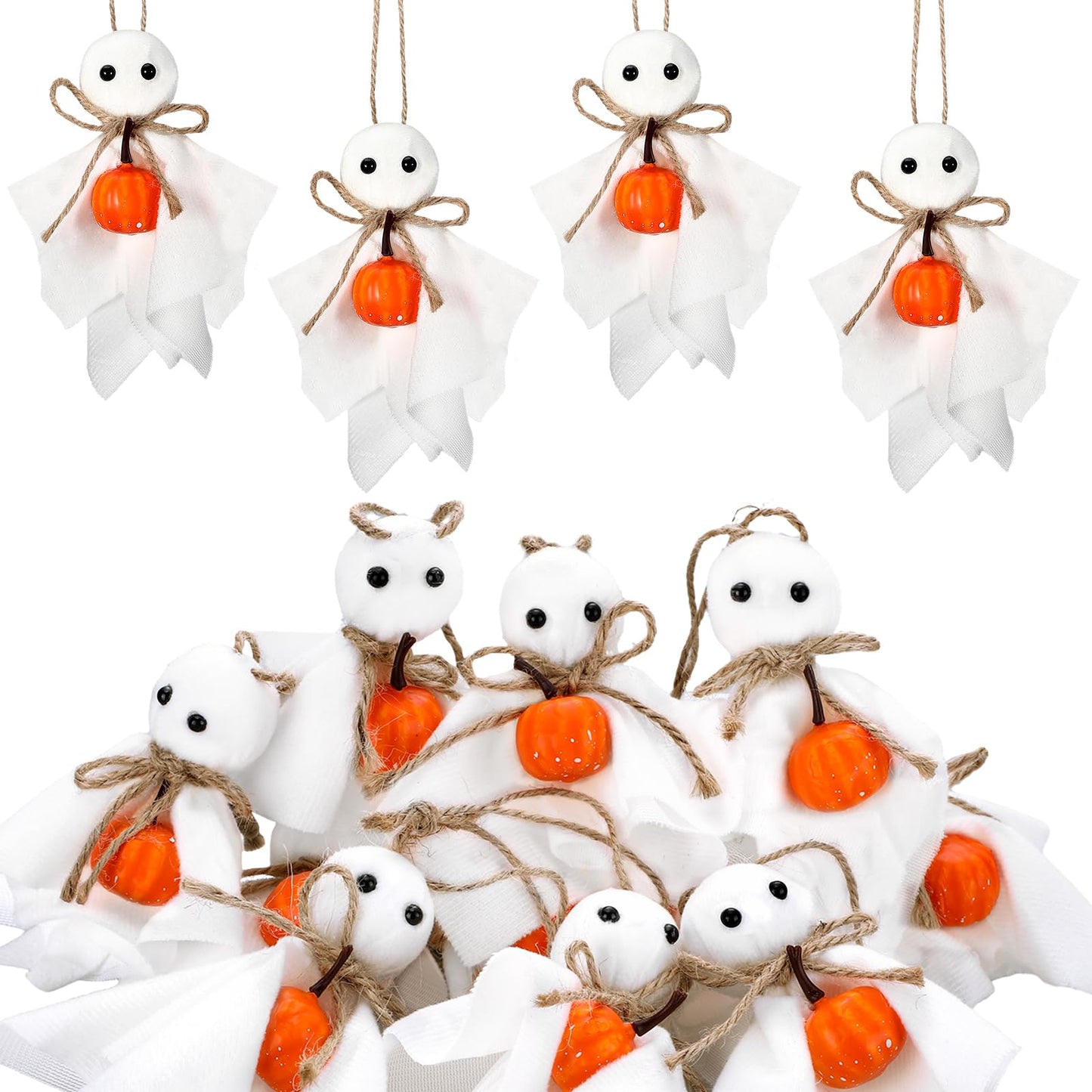 Civaner 24 Pcs Halloween Hanging Ghost Ornaments Mini Ghost Ornaments for Halloween Tree 3 Inch Cute Hanging Farmhouse Rustic Boo with Pumpkin Decorations for Haunted Party Yard Tree Decor