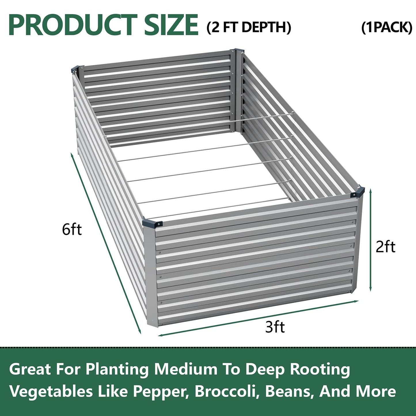 Vengarus 6x3x2FT Galvanized Raised Garden Bed Kit, Deep Root Planter Box Outdoor Large Planter Raised Beds for Planting Flowers,Vegetables and Herbs-Silver