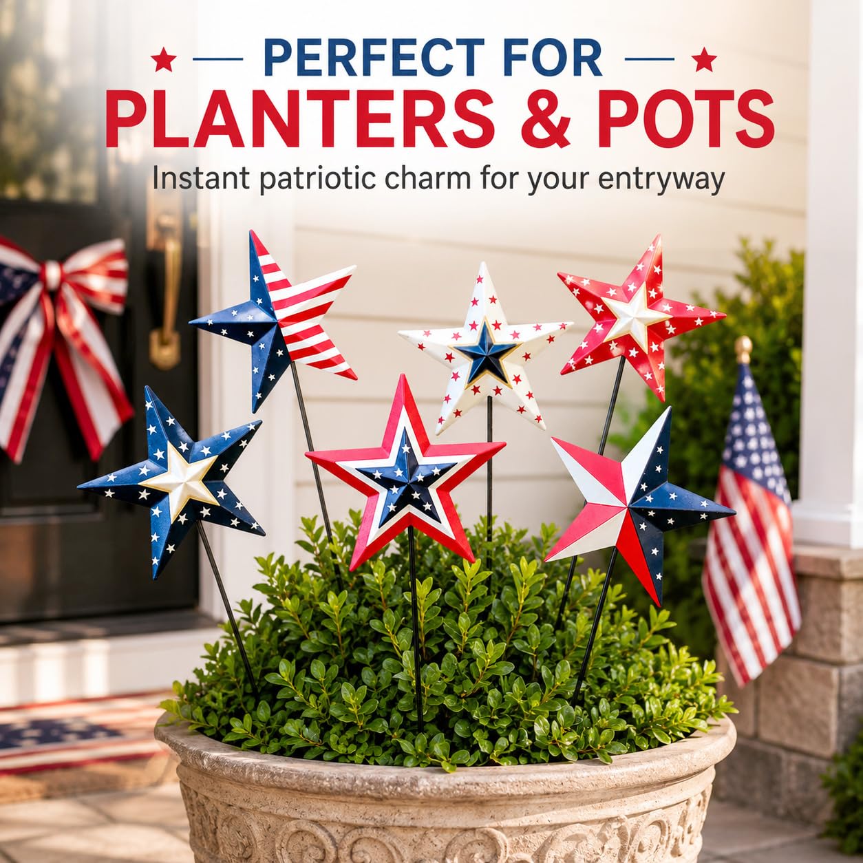 WKHOMEDECO 4th of July Decorations Outdoor 19" Metal Barn Star 6-Pack, Patriotic Outdoor Decorations, Rustic Iron Decorative Garden Stakes with American Flag Stars for Yard Patio Lawn