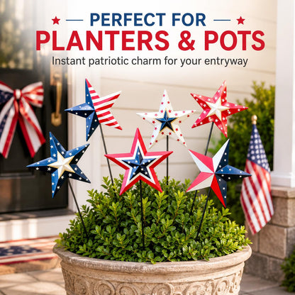 WKHOMEDECO 4th of July Decorations Outdoor 19" Metal Barn Star 6-Pack, Patriotic Outdoor Decorations, Rustic Iron Decorative Garden Stakes with American Flag Stars for Yard Patio Lawn