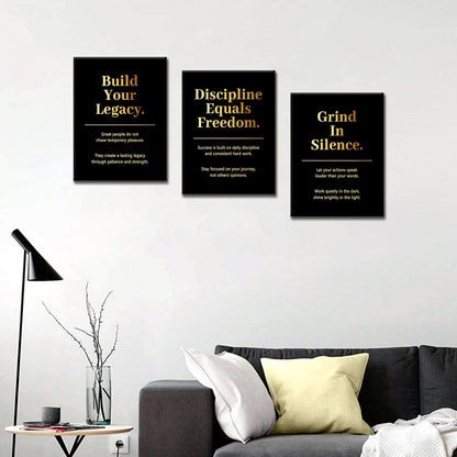 PSYYSP 3 Piece Canvas Wall Art Discipline Equals Freedom Posters, Black Gold Motivational Triptych Wall Decor for Office, Bedroom, Dorm, Study Room, Framed Canvas 36x16inch