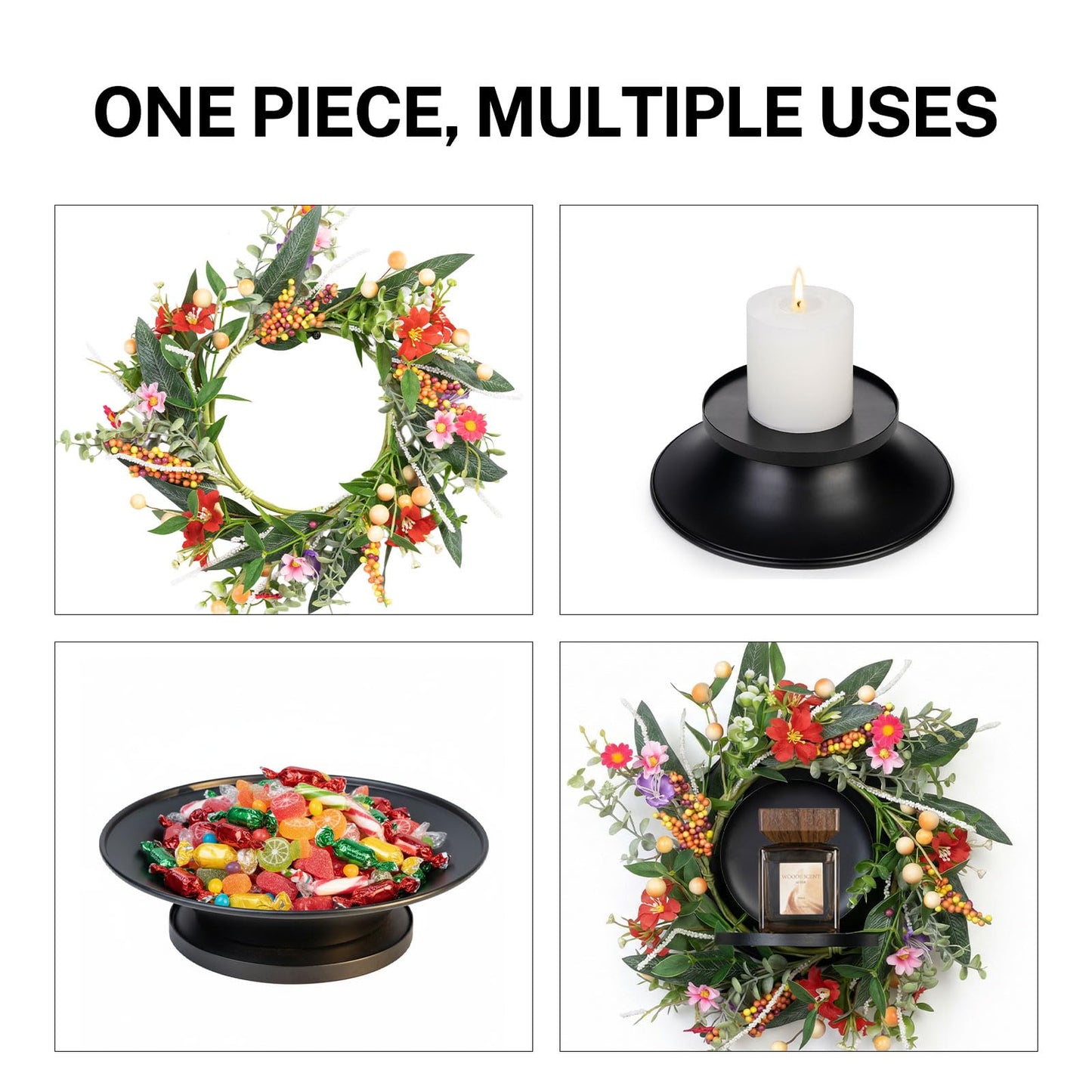 MOYEE Summer Candle Holder Centerpieces for Tables,Candle Ring, Black Metal Candlestick with an Artificial Wreath 14 in Versatile Dining Table Centrepiece (Red Flower Green Leaf Wreath)