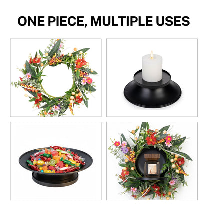 MOYEE Summer Candle Holder Centerpieces for Tables,Candle Ring, Black Metal Candlestick with an Artificial Wreath 14 in Versatile Dining Table Centrepiece (Red Flower Green Leaf Wreath)