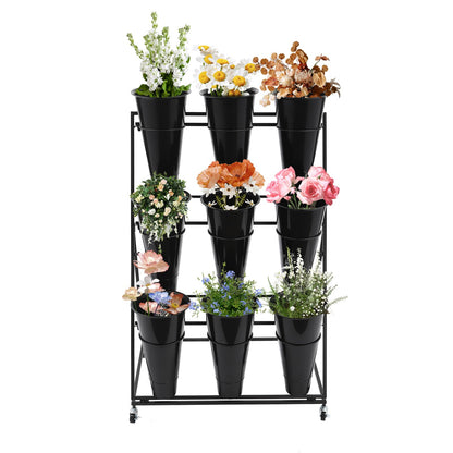 CNCEST Flower Display Stand With 9PCS Buckets,3 Layers Metal Plant Stand with Wheels,Moving Plant Cart Shelf Indoor Outdoor Flower Rack for Home Patio Balcony (Black, 3 Tier,9PCS)