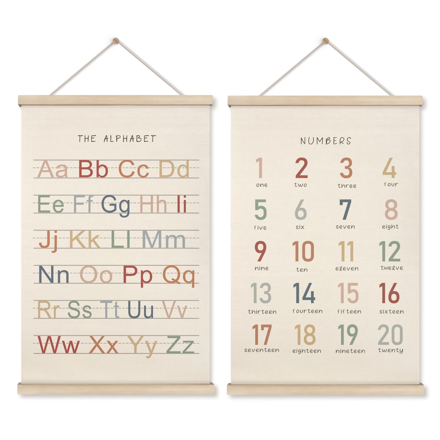 HRQKO Alphabet Numbers Poster Hanger Frame Set of 2, Nursery Wall Decor, Boho ABC Poster Wall Art with Wooden Frames, Alphabet Banner Wall Hanging Decor for Toddler Playroom Nursery, 16x24 Inch